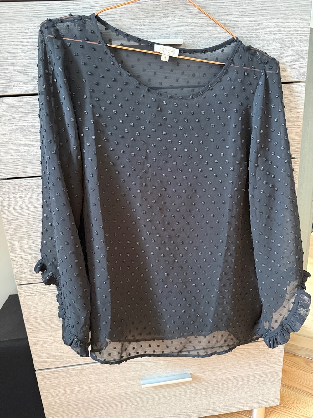 Laura Ashley Black Sheer Swiss Dot Ruffle Sleeve Blouse